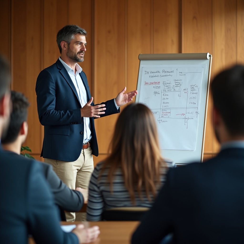 Kursleiter erklärt an einem Flipchart die Aufbaustruktur einer Gehaltsabrechnung