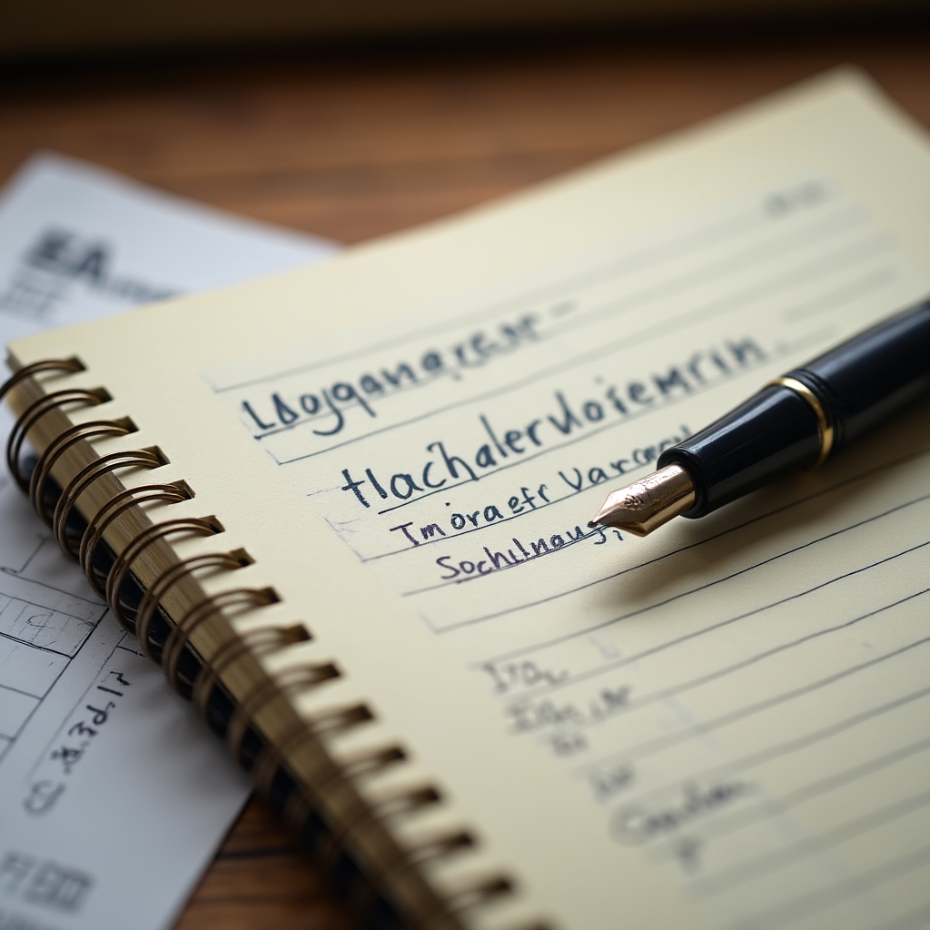 Notizbuch mit handschriftlichen Erklärungen zu Begriffen der Gehaltsabrechnung