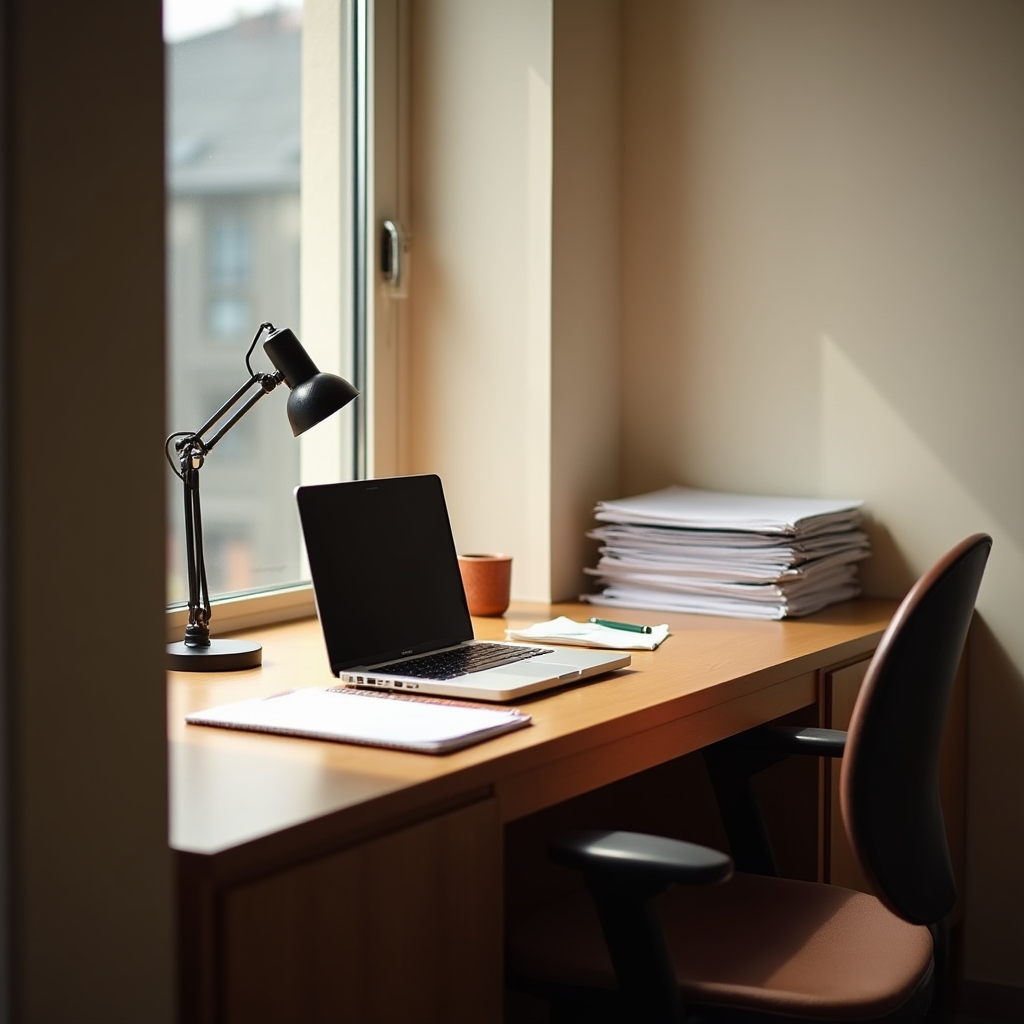 Arbeitsplatz mit Fensterlicht, an dem Unterlagen für den Workshop vorbereitet werden