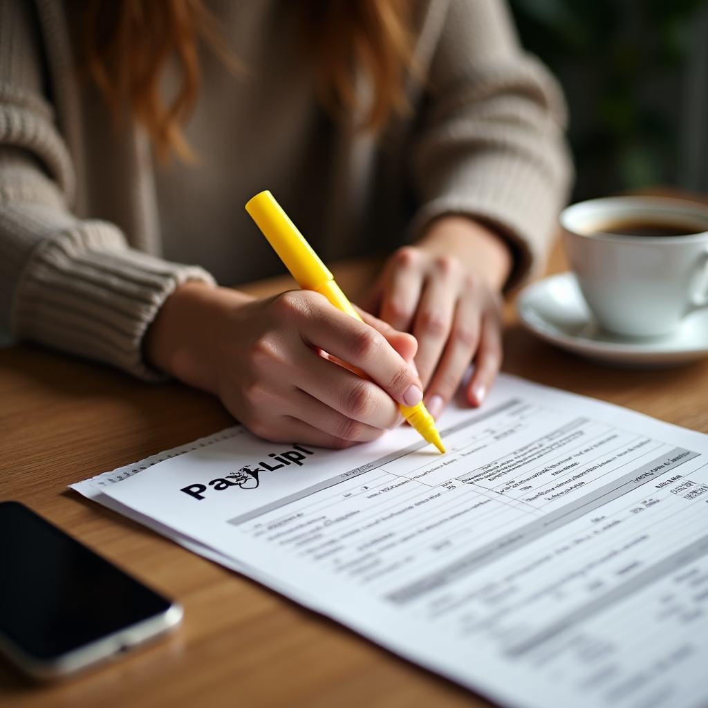 Nahaufnahme einer Person, die eine Gehaltsabrechnung mit Textmarker durchgeht
